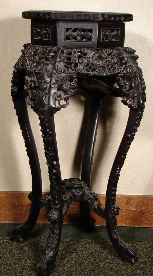 Chinese Antique Carved Teakwood Octagonal Stand wi