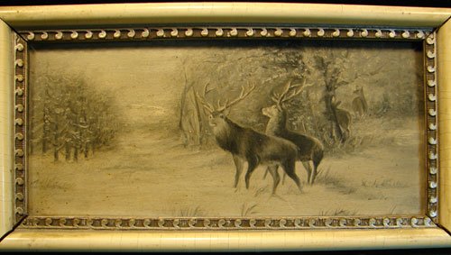 Antique Oil Painting on Artist Board. Stag Deer