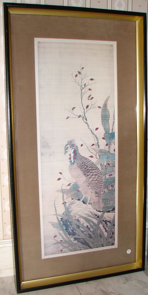 Antique Asian Painting Reproduction with Bird and