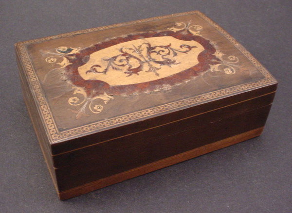 Antique Marquetry Box with mixed wood inlay. Desi