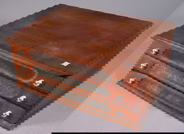 Antique 3 drawer country store spool cabinet in p: Antique 3 drawer country store spool cabinet in poor finish. 9 1/4"h x 23 1/2"w x 17 3/4"d