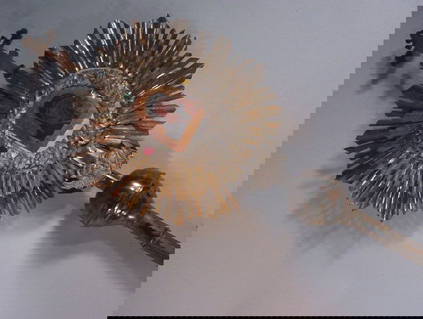 Processional Pole with Madonna & Child Print wit: Processional Pole with Madonna & Child Print within silvered wreath on one side and image of Jesus Christ on the other. With inscription. 8' 1"h x 14"w x 3 1/2"d