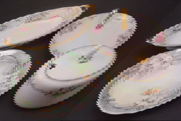 Four pieces hand painted porcelain Serving pieces: Four pieces hand painted porcelain Serving pieces. One marked "T & V" (Tressmann & Vogt), another marked "M.Z." (Moritz Zdekauer). 8 1/4"h