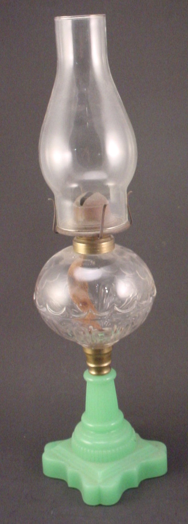 Antique Whale Oil Lamp. Glass and brass. 20 1/2"h