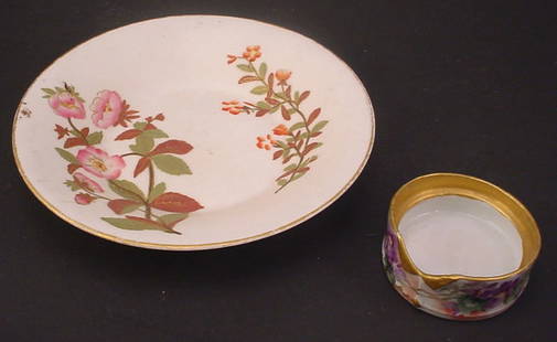 Two piece misc porcelain including Royal Worcester: Two piece misc porcelain including Royal Worcester floral decorated plate and Elite Limoges hand painted, artist signed, collar form gold decorated bowl. 1 1/2"h x 6 1/2"diam