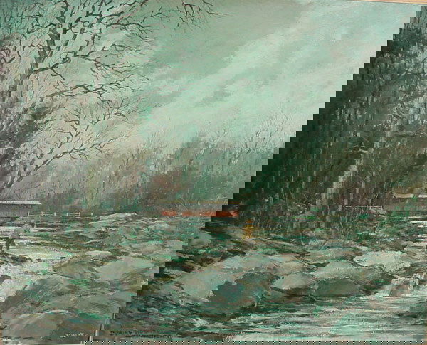 "Sloane" Signed Oil Painting, Landscape: "Sloane" (Eric Sloane b. 1910 d. 1985 American) signed oil painting on masonite. Titled "Spring Morning Near Montgomery VT". In original paint decorated frame. A Fantastic example of Sloane at his bes