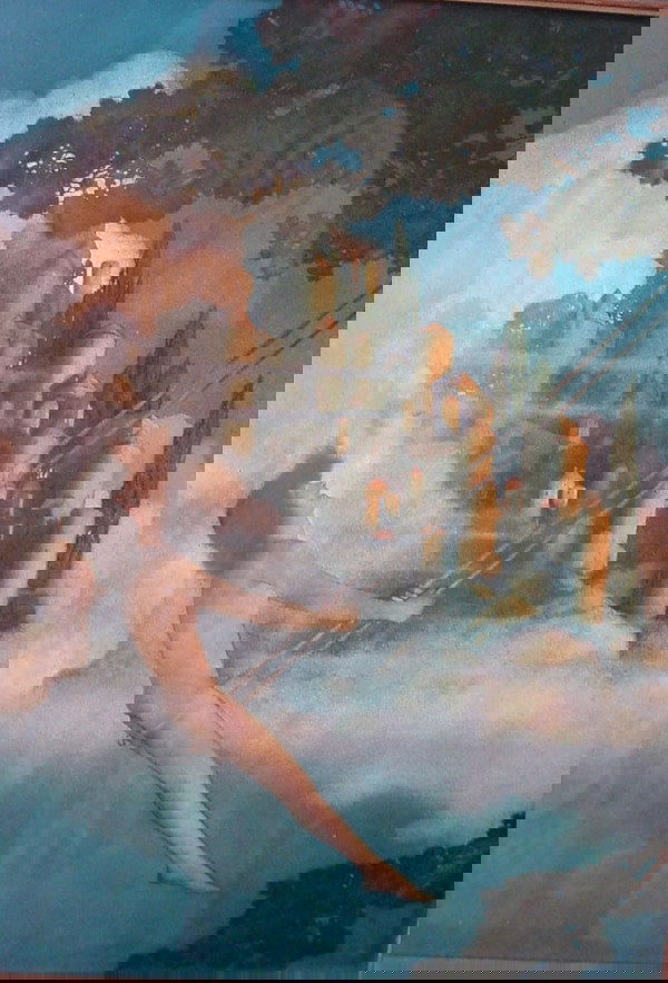 Maxfield Parrish "The Dinkey Bird" original print: Maxfield Parrish "The Dinkey Bird" original print in original frame under glass. Retains beautiful color. Abrasions to the frame. 16 3/4"h x 12 3/4"w x 3/4"d