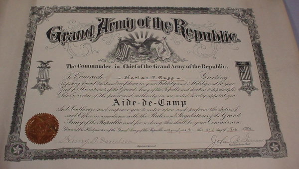 G.A.R Civil War Aide-De-Camp Commission. Dated 23