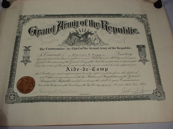 G.A.R Civil War Aide-De-Camp Commission. Dated 23 - 2