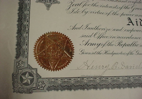 G.A.R Civil War Aide-De-Camp Commission. Dated 23 - 4