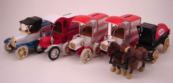 Five Ertl Banks, True Value. Including 1918 Ford M: Five Ertl Banks, True Value. Including 1918 Ford Model T Runabout 3 1/2"h x 5 1/2"l x 2 3/4"w, three 1905 Ford's First Delivery Car 4"h x 5"l x 2 3/4"w and Horse Drawn Wagon 3 3/4"h x 9 1/4"l x 3 1/4"