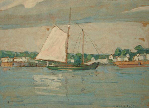 Wonderful "Jane Peterson" Signed (Jane Peterson b: Wonderful "Jane Peterson" Signed (Jane Peterson b. 1876 d. 1965 American) Gauche / Watercolor on paper, Port scene. s.s. 8 1/2"h x 11 1/2"w.
