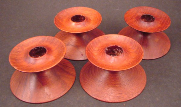 Four Vintage Teak Low Candle Holders. Marked "Tea