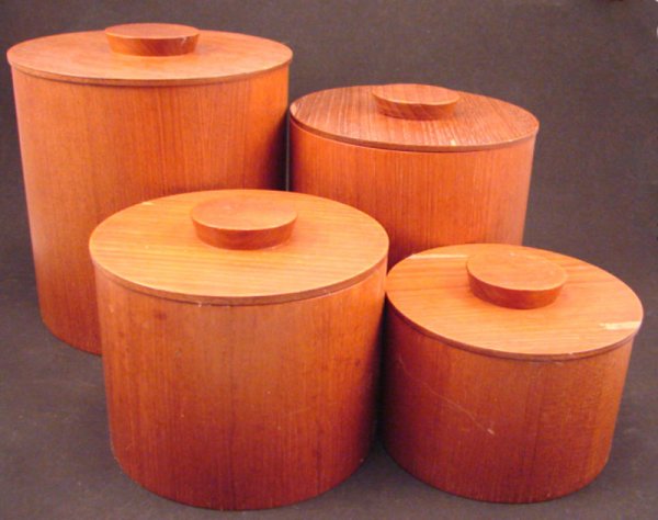 Vintage Teak Canister Set. Minor veneer losses. L