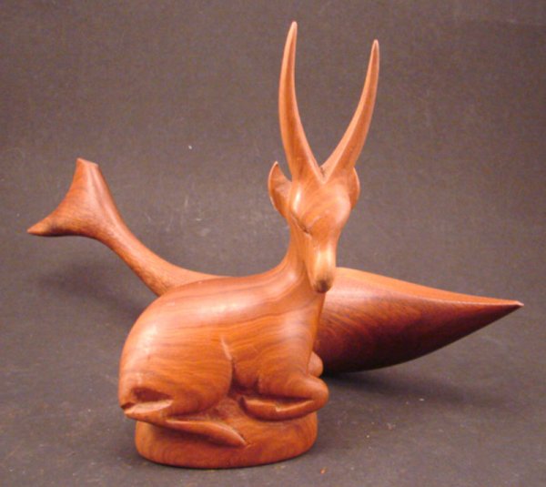 Two Carved Teak Animals. Whale & Gazelle. Whale m