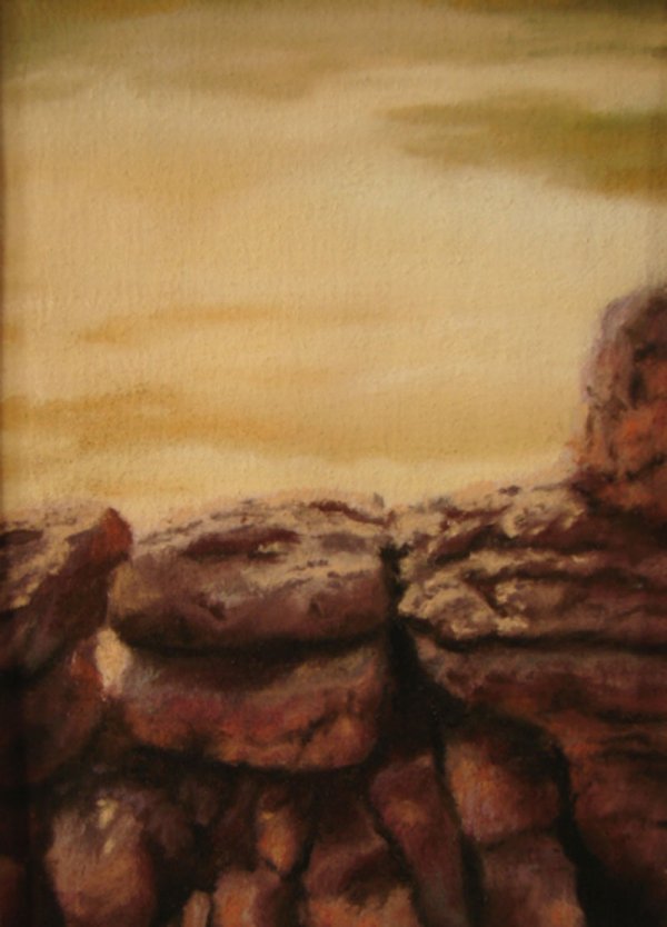 Signed Pastel Painting on board. Sunlit rocks. Fr