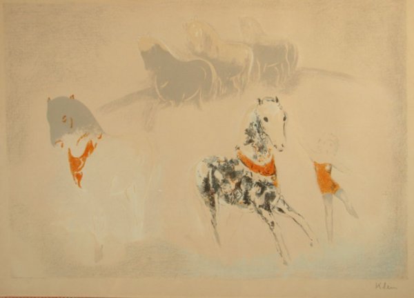 Print of horse and woman. Horses in background. s