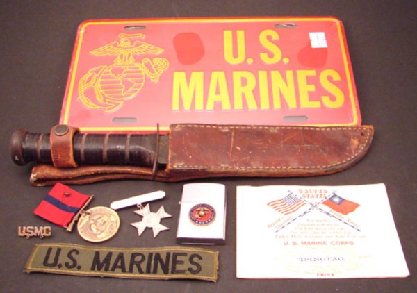 Misc Marine Military Related Lot. Including USMC: Misc Marine Military Related Lot. Including USMC Kabar with sheath, USMC lighter with raised "United States Marine Corps" plaque on front, probably WWII USMC sharpshooter badge, Sterling USMC pin, Goo