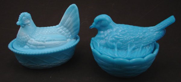 Two Blue Milk Glass Hen and Bird on Nests. Westmo: Two Blue Milk Glass Hen and Bird on Nests. Westmoreland 4 1/2"h x 6" x 4 1/4". Bird 4 1/4"h x 5 3/4" x 5".