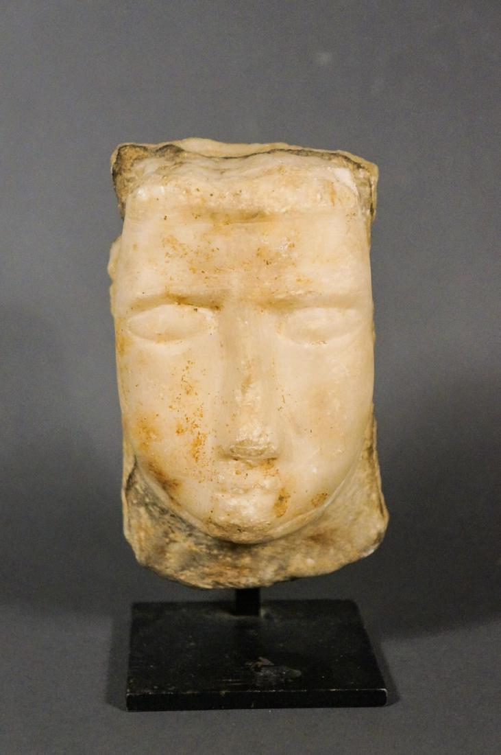 ANCIENT SOUTH ARABIAN ALABASTER HEAD: Probably 600BC. Height With Stand: 7.5in, Without Stand: 6.5in, Weight: 6lbs.