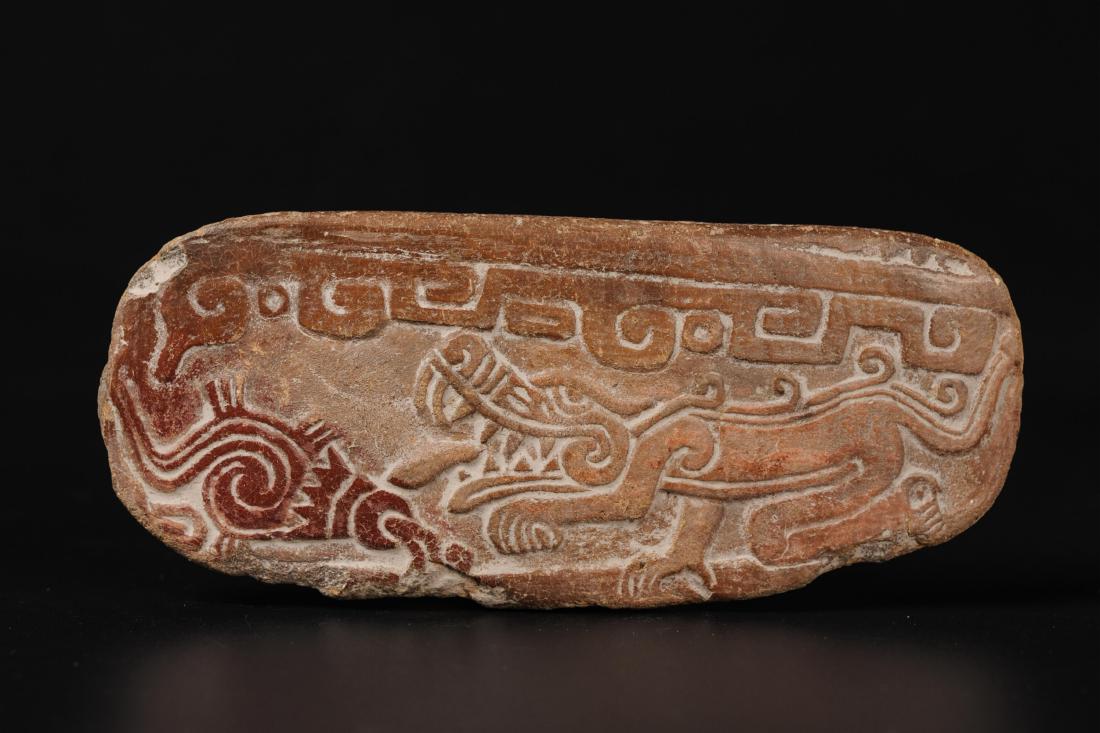 ANCIENT MAYAN CERAMIC SEAL: 800 bc. length: 4.6inches width?1.9inches length: 11.8 cm, width?4.8 cm.