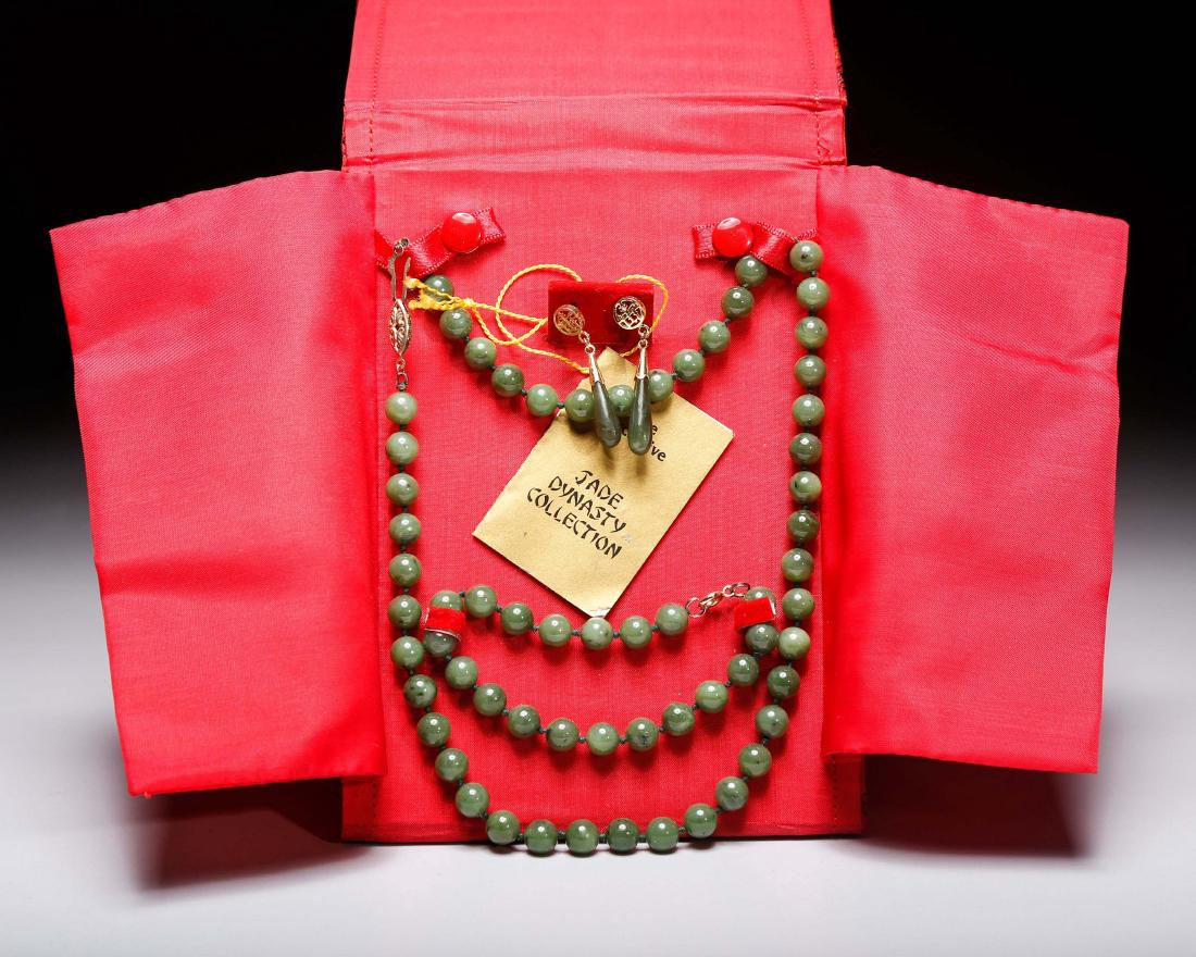 ANTIQUE CHINESE SPINACH JADE JEWELRY SET: Set includes: 1 necklace, 1 bracelet, pair of earring. Diameter: 0.3inches diameter: 0.8cm