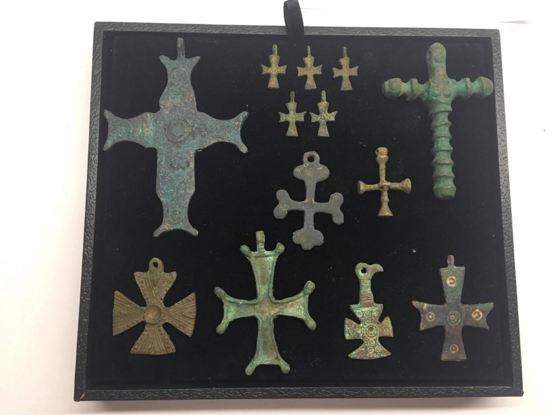 GROUP OF BYZANTINE BRONZE CROSSES: Probably 8th - 13 Century AD Nice Design And Patina. Size : 10 Cm - 2.5 Cm.