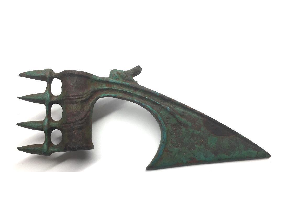 ANCIENT LURISTAN NEAR EASTERN BRONZE AXE Â HEAD: Probably 1000 BC - 600BC, Beautiful Green Patina. Size 23 Cm X 6.5 Cm. Ex - Private NYC Collector.