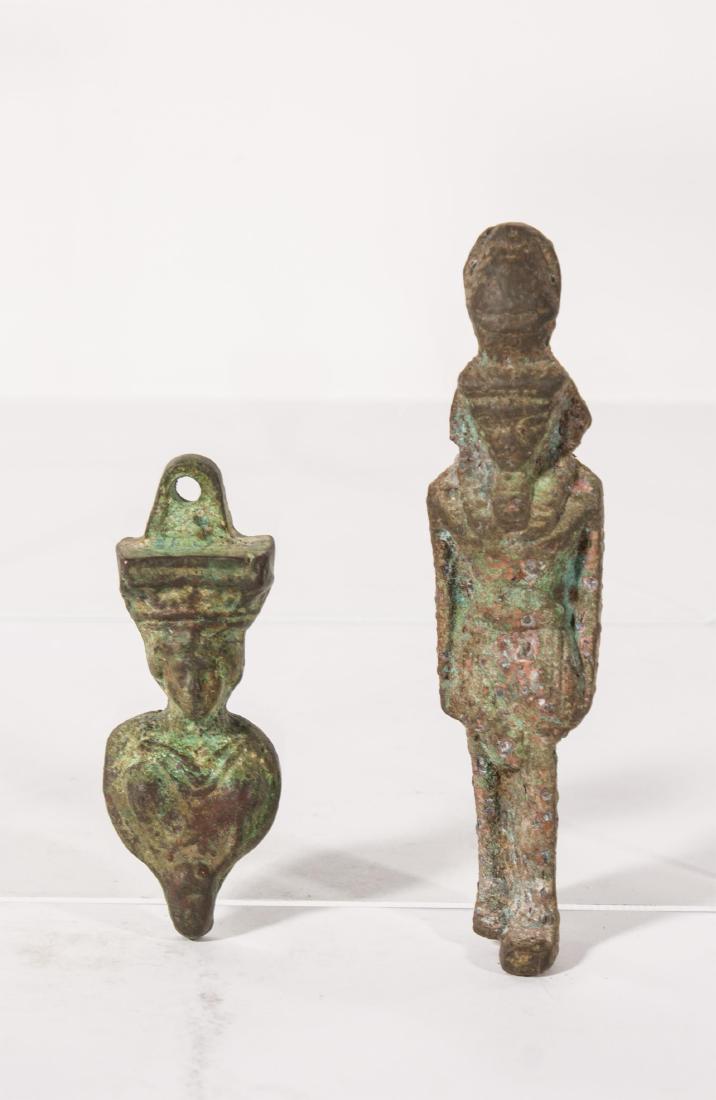 2 ANCIENT EGYPTIAN BRONZE OSIRIS AND ROMAN AMULET,: 2 ANCIENT EGYPTIAN BRONZE OSIRIS AND ROMAN AMULET, 300 BC - 100AD EX PRIVATE NY COLLECTOR Height: 3.25in And 5in.