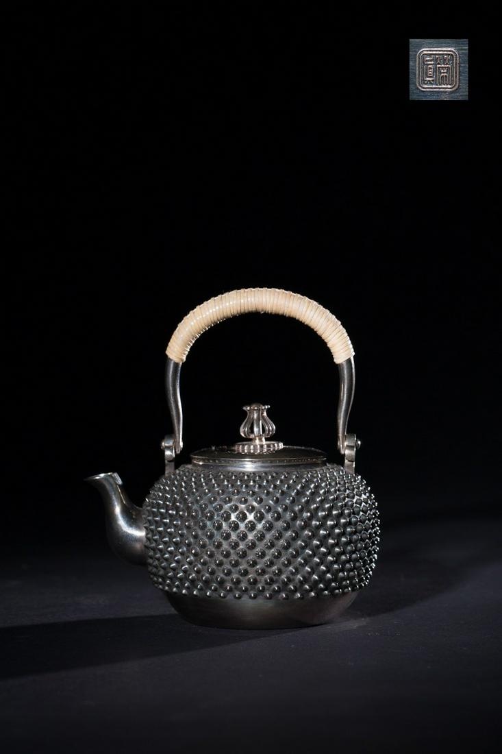 JAPANESE SILVER TEAPOT: Length: 4.3 inches. Width: 3.3 inches. Height: 5.3 inches. Length: 11cm Width: 8.5cm Height: 13.5cm