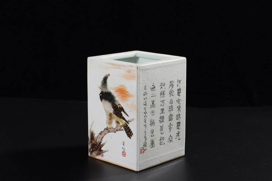 A Chinese Famille Rose Flower&Bird Pattern Porcelain: A Chinese Famille Rose Flower&Bird Pattern Porcelain Square Brush Pot Ht.7.3 inches. 5.1 inches. Ht.18.5cm Diam.13cm