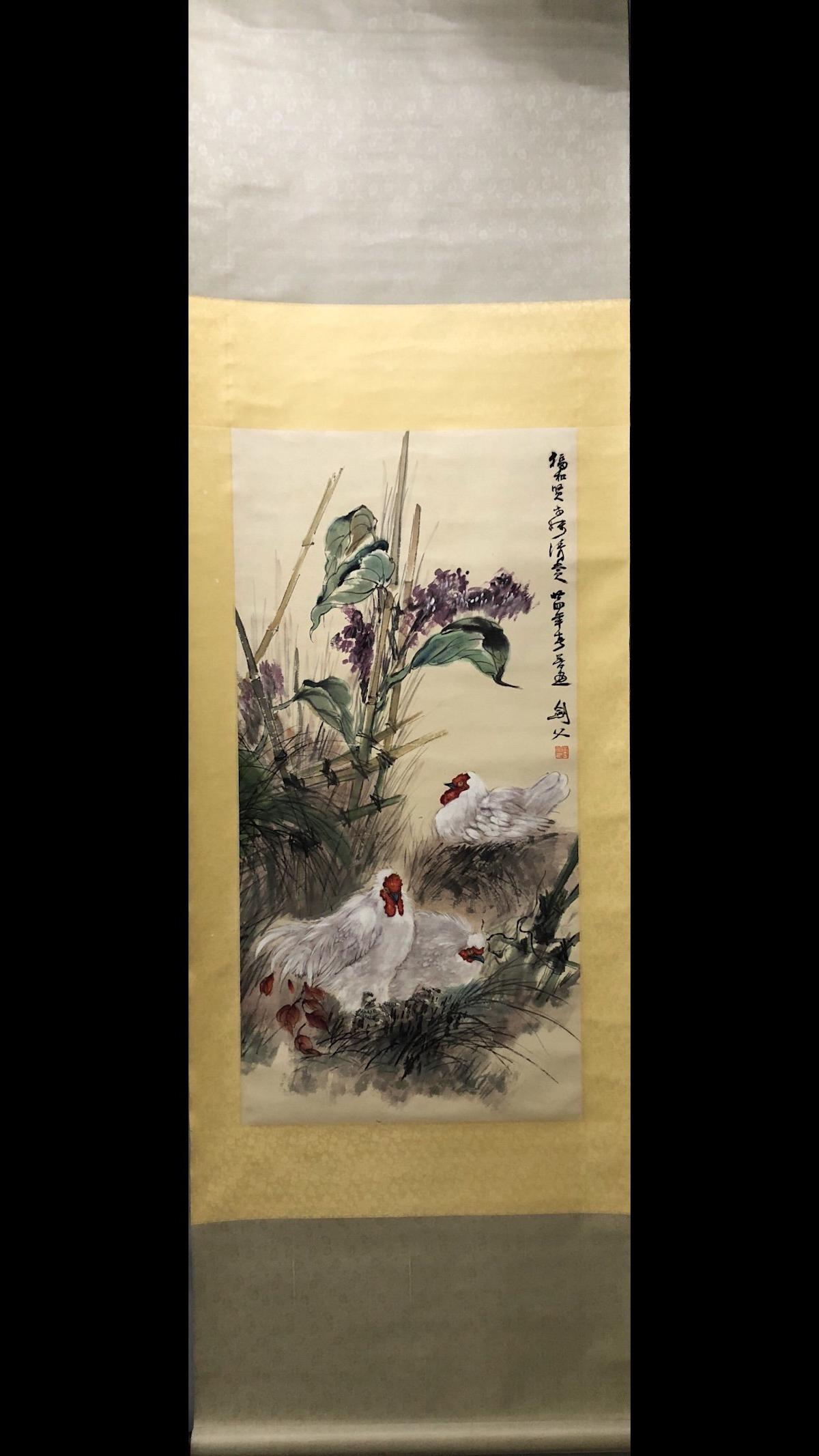 A Chinese Hen Painting Scroll, Gao Jianfu Mark: A Chinese Hen Painting Scroll, Gao Jianfu Mark Ht.39.4 inches. 19.7 inches. Ht.100cm Wd.50cm