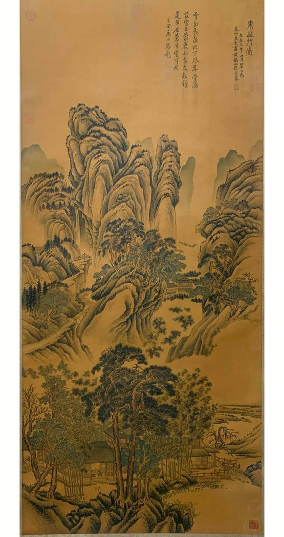 A CHINESE LANDSCAPE PAINTING SILK SCROLL WANG MENG MARK: A CHINESE LANDSCAPE PAINTING SILK SCROLL WANG MENG MARK. Length: 54.3 inches. Width: 24.4 inches. Length: 138cm Width: 62cm