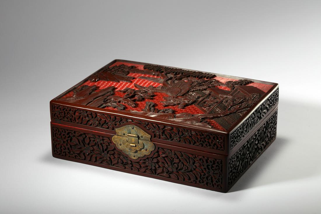 Chinese Cinnabar Lacquer Cover Box: Chinese Cinnabar Lacquer Cover Box 二十世纪剔彩盖盒 length: 11 inches. width: 8.1 inches. height: 3.5 inches. length: 28cm width: 20.5cm height: 9cm 