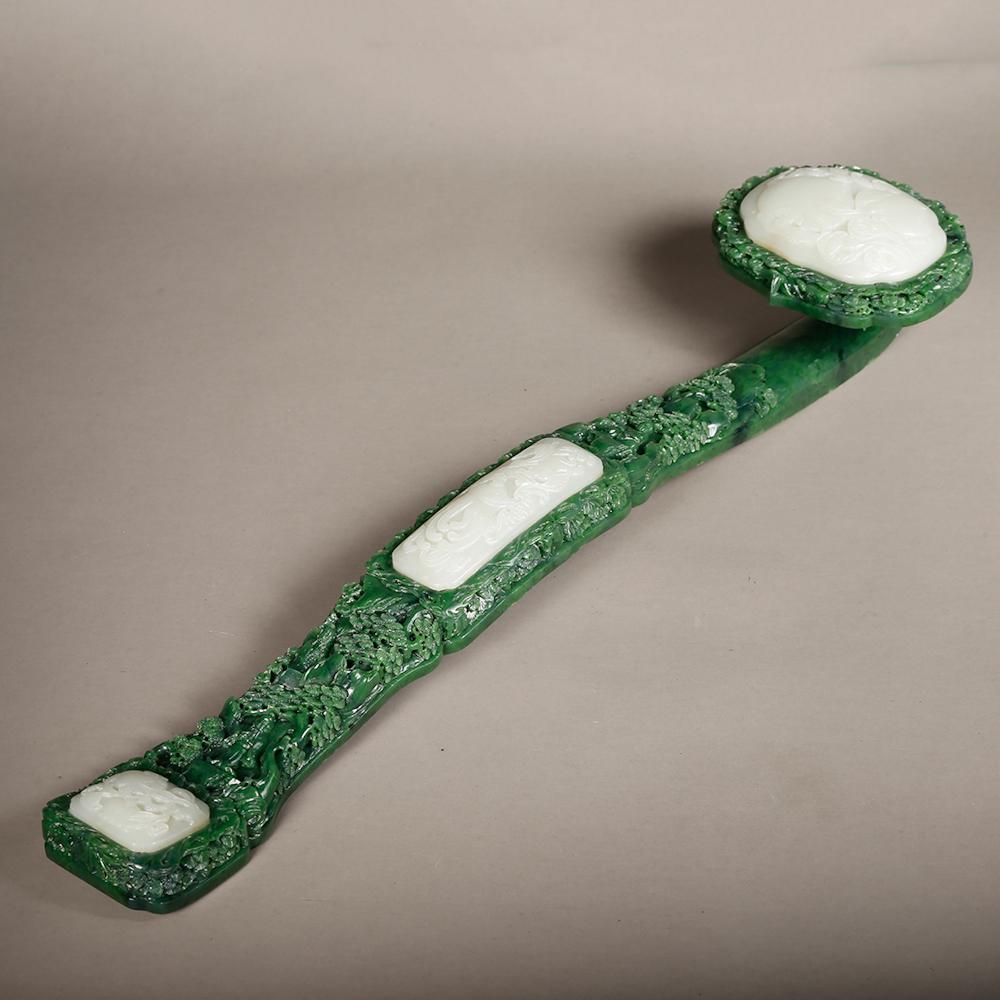 Chinese Spinach Jade Ruyi With White Jade Plaque Mar 18, 2023