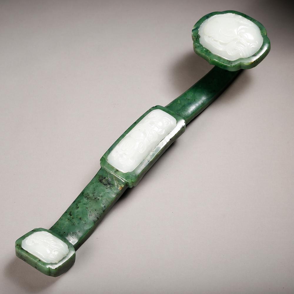 Chinese Spinach Jade Ruyi With White Jade Plaque Mar 18, 2023