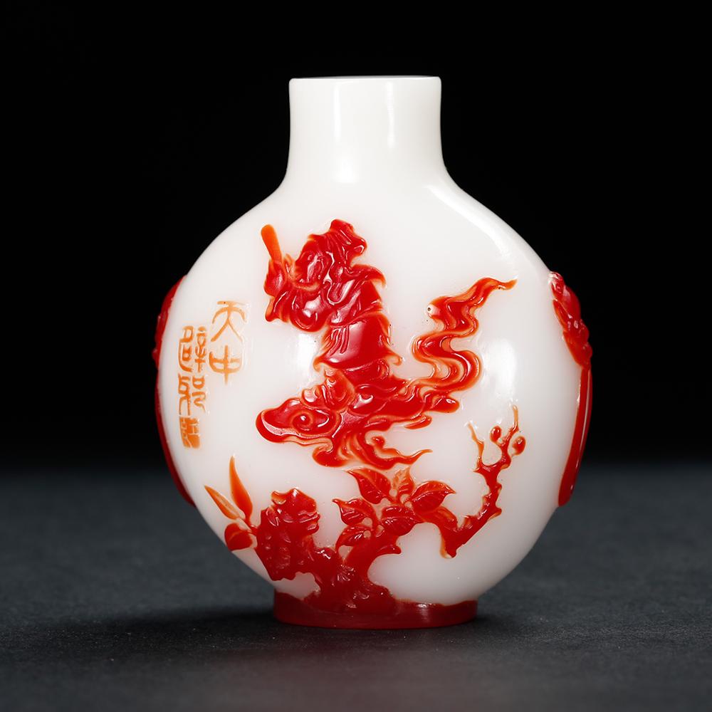 Chinese Red Overlay White Landscape Snuff Bottle: height: 2.1 inches. height: 5.4cm