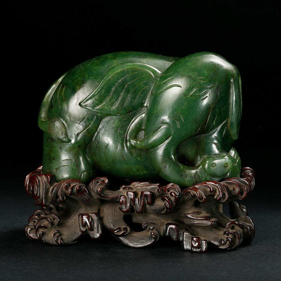Chinese Spinach Jade Elephant With Stand Auction