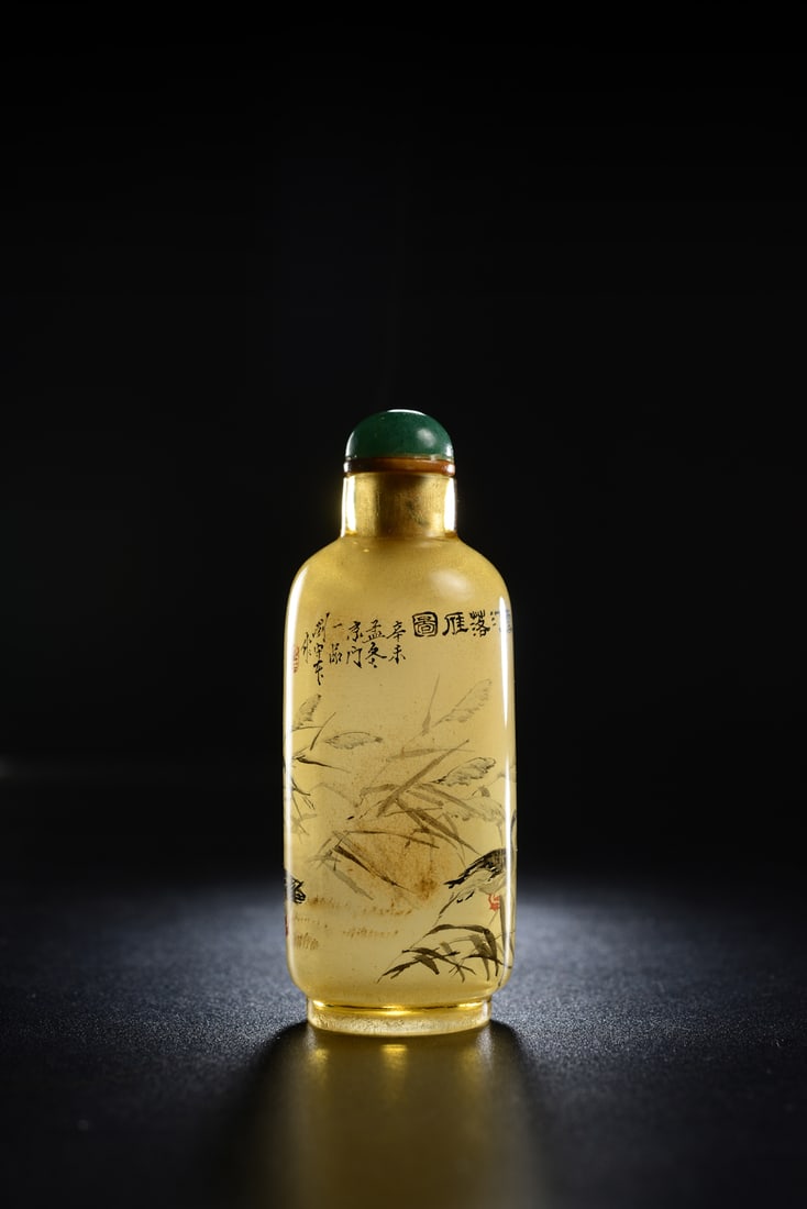 INSIDE-PAINTED GLASS SNUFF BOTTLE, LIU SHOUBEN 1991: A CHINESE INSIDE-PAINTED GLASS SNUFF BOTTLE, LIU SHOUBEN 1991….......Height: 2.7 inches. Diameter: 1.2 inches. Height: 6.9cm Diameter: 2.95cm 2010.3.24 BONHAMS NEW YORK“Fine Snuff Bottles from the
