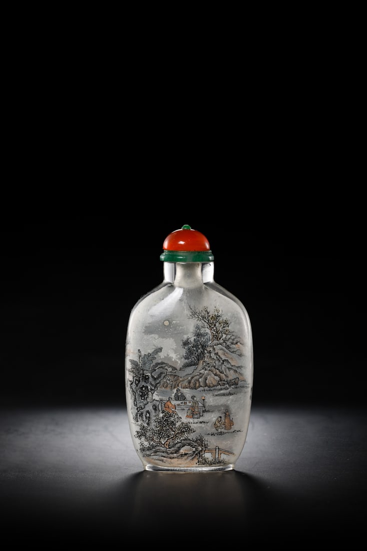INSIDE-PAINTED GLASS SNUFF BOTTLE, BI RONGJIU 1925: A CHINESE INSIDE-PAINTED GLASS SNUFF BOTTLE, BI RONGJIU 1925….......Height: 2.5 inches. Width: 1.5 inches. Length: 0.7 inches. Height: 6.42cm Width: 3.93cm Length: 1.8cm