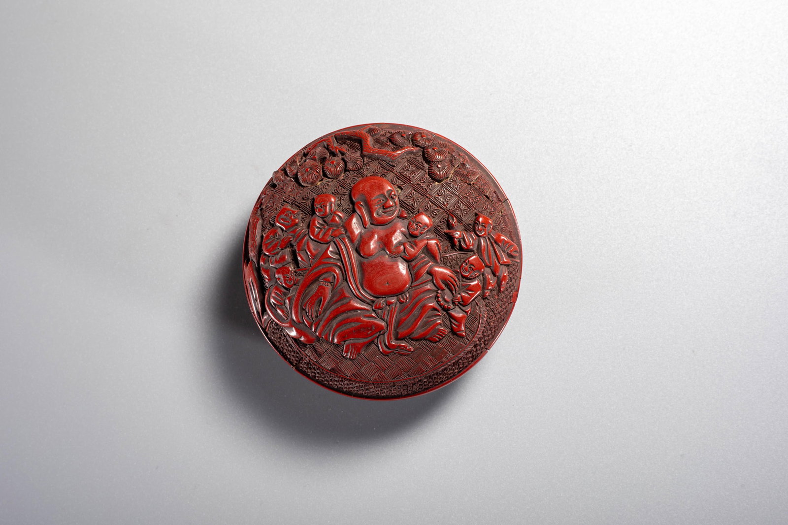 Ming Dynasty Cinnabar Lacquer Cover Box: Ming Dynasty Cinnabar Lacquer Cover Box. diameter: 2.9 inches. 1.5 inches. diameter: 7.4 cm. height: 3.7 cm. . Provenance: California private collection.