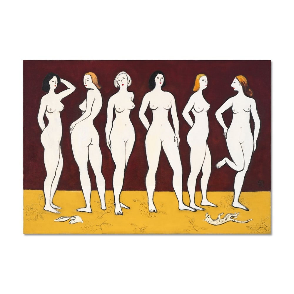SANYU (1895-1966), ATTRIBUTED TO, OIL ON CANVAS: Image Dimensions: 45 x 31 1/2 in (114 x 80 cm) Signed (right) This painting comes with COA. This captivating oil on canvas, titled "Cinq nues sur un fond rouge" ("Five Nudes on a Red Background"), emb