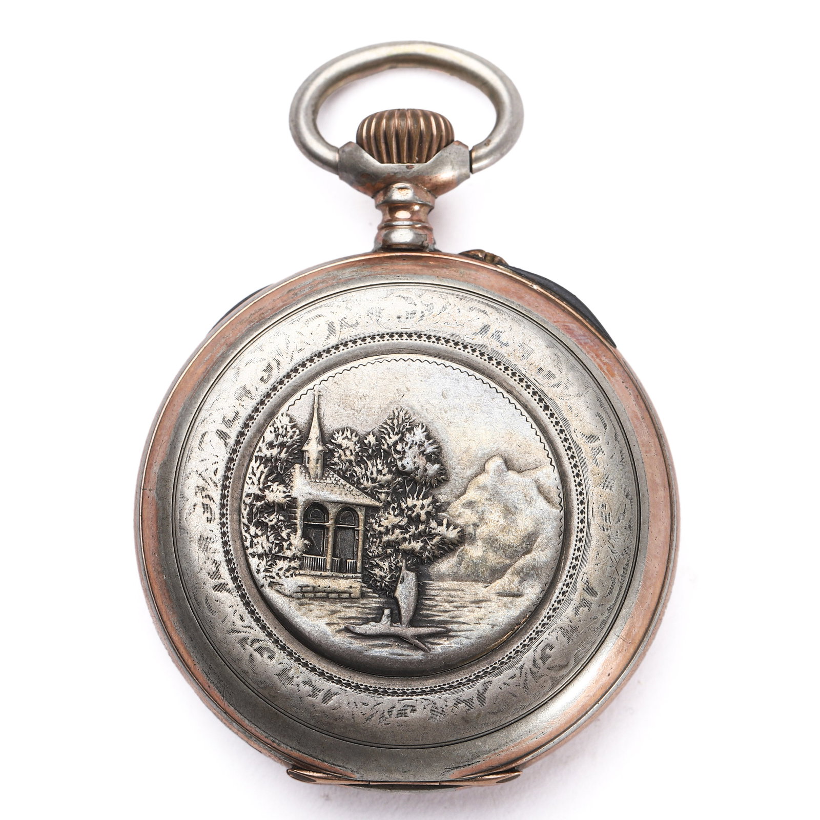 SILVER HUNTER CASE POCKET WATCH, CIRCA EARLY 20: Dial diameter: 1 7/8 in. (47.3 mm), Weight: 2.85 oz (80.8 g This fine antique hunter case pocket watch features a beautifully engraved back cover depicting a pastoral scene with a church, trees, and c