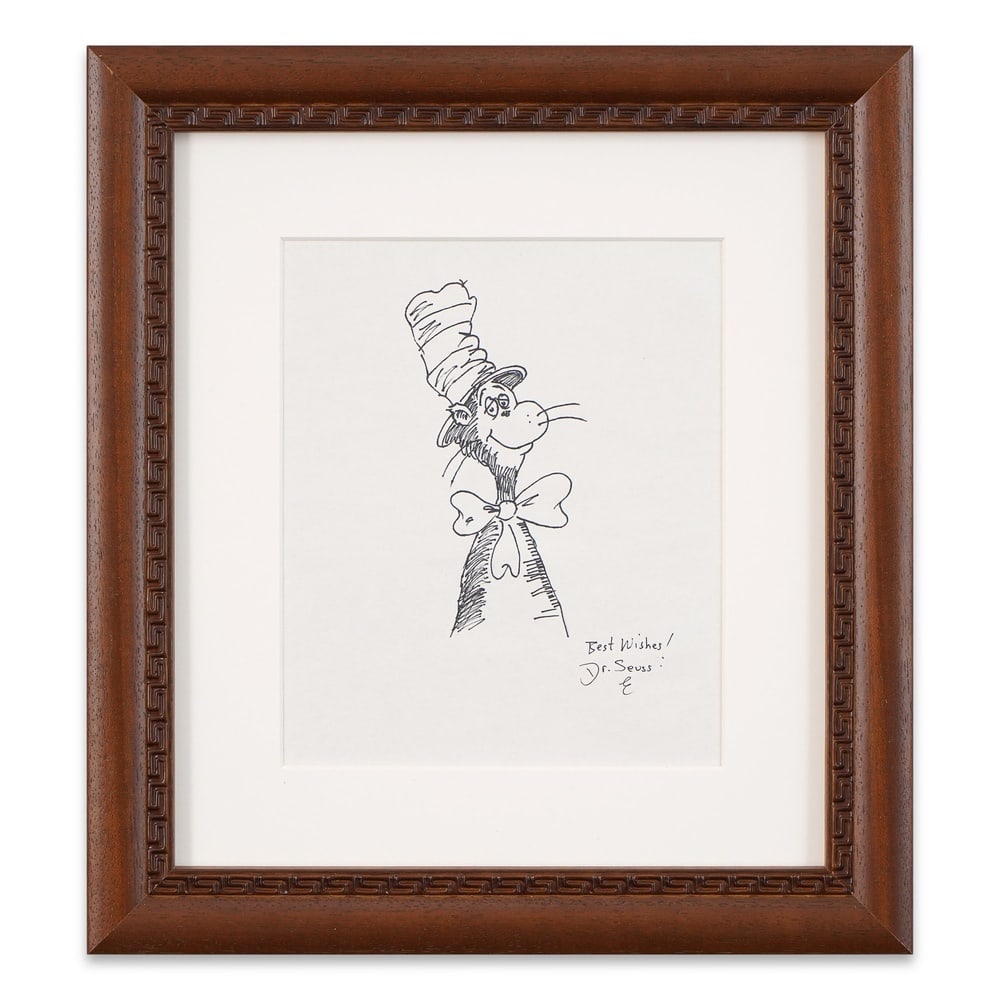 DR. SEUSS SIGNED ORIGINAL DRAWING - "THE CAT IN THE HAT" WITH INSCRIPTION: Image Dimensions: 9 1/2 x 7 7/8 in (24 x 20 cm) Framed Dimensions: 16 3/8 x 14 3/4 in (41.5 x 37.5 cm) Provenance and Authentication: This collectible has undergone a rigorous forensic evaluation.