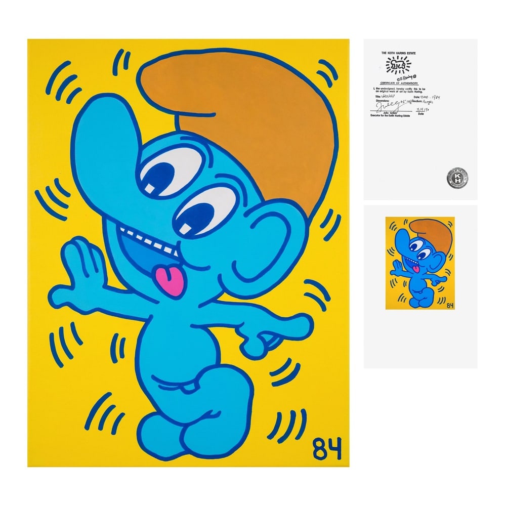 KEITH HARING (1958-1990), ATTRIBUTED TO, ACRYLIC ON CANVAS: Signed (verso) Image Dimensions: 31 1/2 x 23 5/8 in (80 x 60 cm) This painting comes with coa. Keith haring (1958-1990) was a central figure in the 1980s American street art and neo-pop movements.