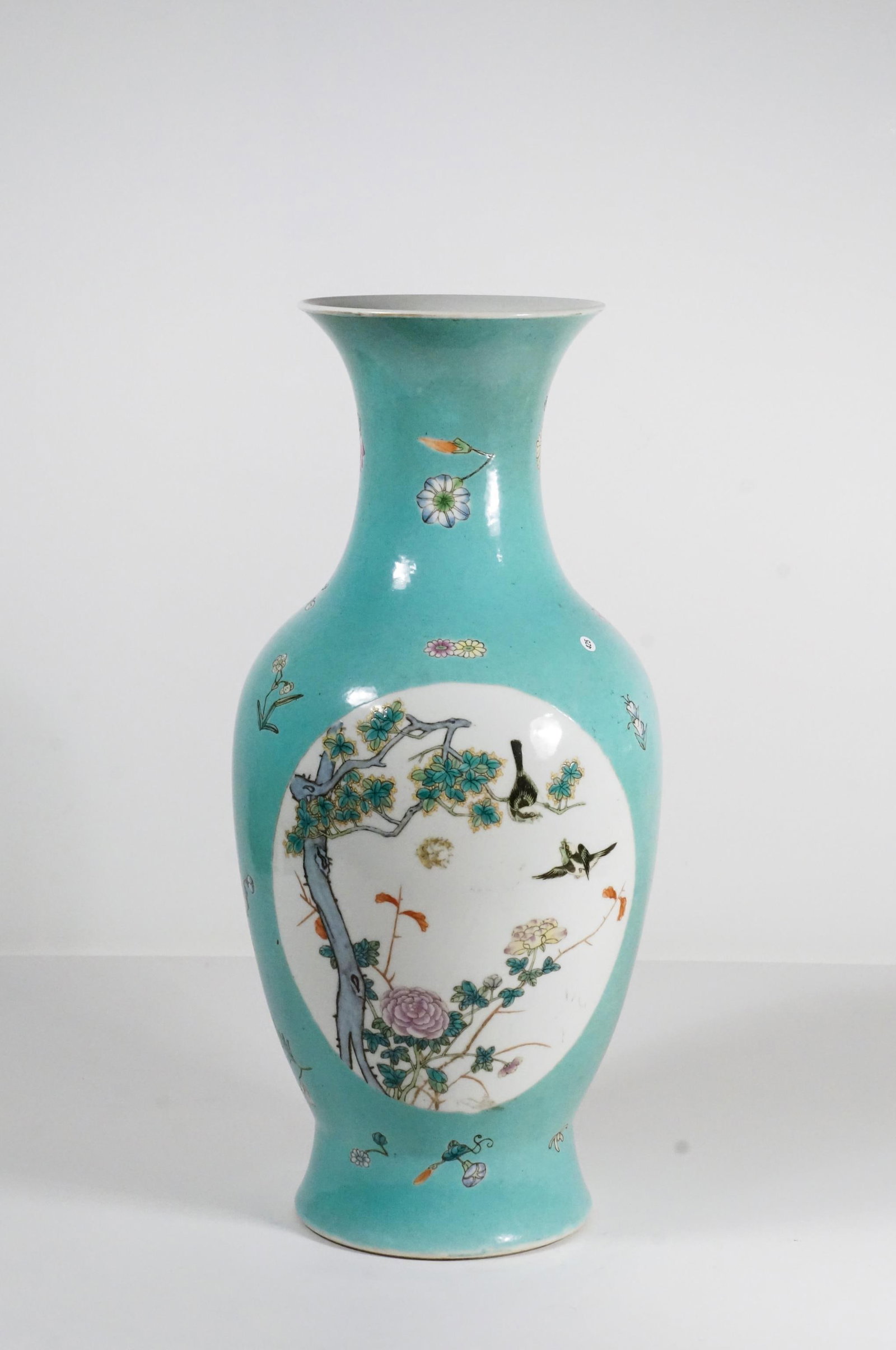 Chinese Turquoise Ground Famille Rose Flower Vase: Mark On Bottom. Height: 16in.