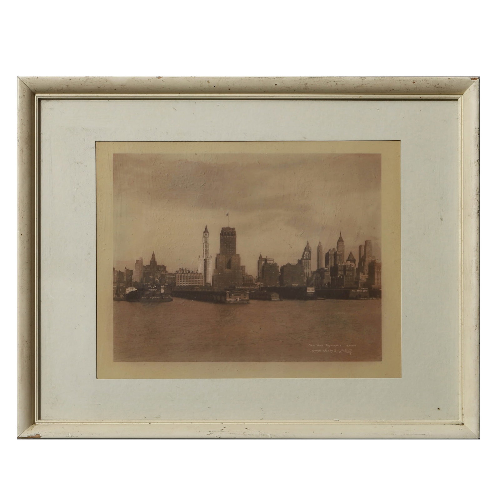 IRVING UNDERHILL (1872-1960) NEW YORK SKYSCRAPERS, 1932: Description Dimensions Image 6 5/16 x 8 1/8 in. (16 x 20.7 cm); Frame 11 x 14 1/8 in. (28 x 35.8 cm) Description:A vintage panorama of Lower Manhattan photographed by Irving Underhill in 1932, capturi
