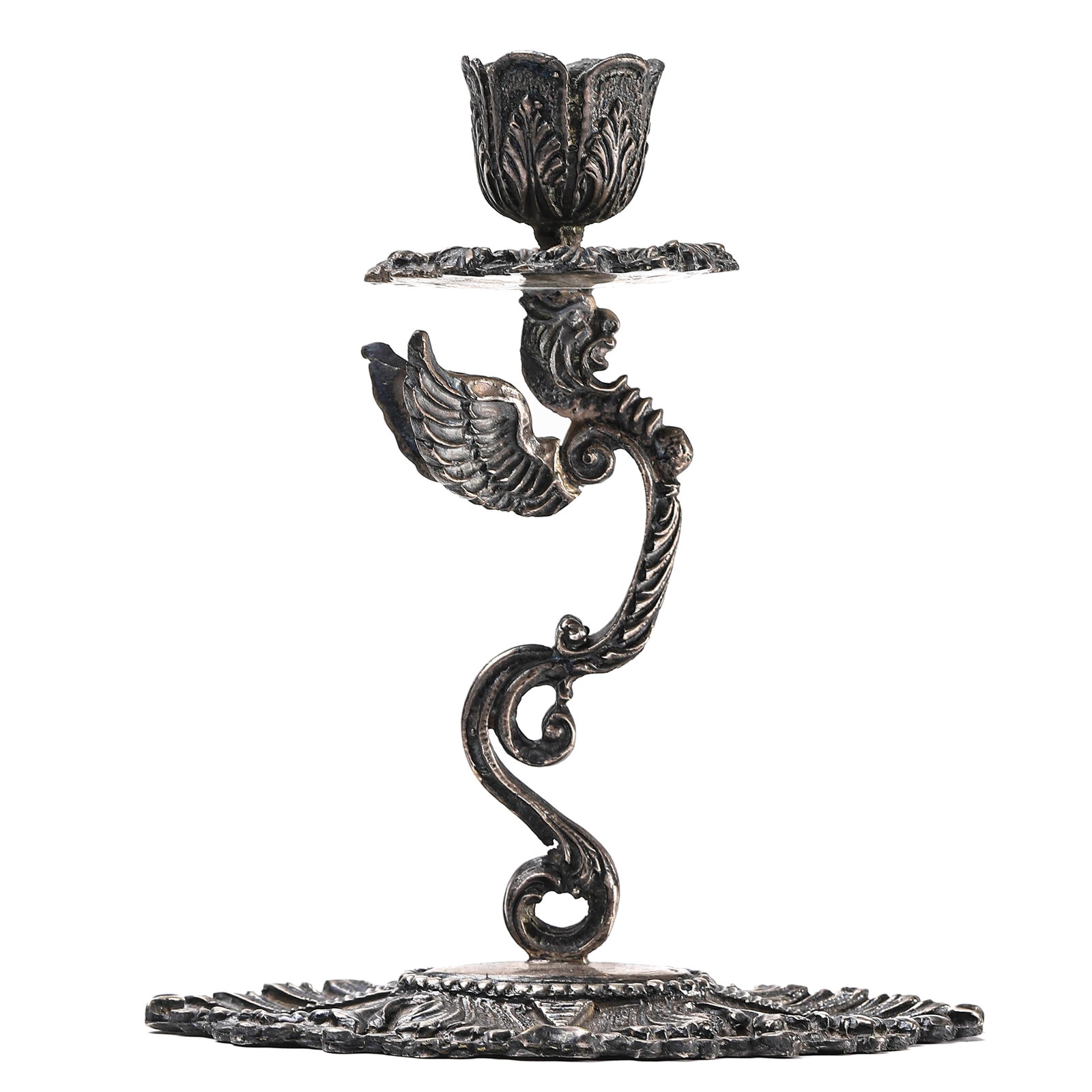 ART NOUVEAU SILVER CHIMERA AND DRAGON CANDELABRA, 1880-1920. (1 of 2)