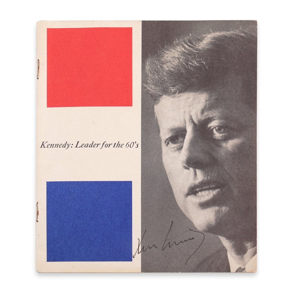 JOHN F. KENNEDY SIGNED "KENNEDY: LEADER FOR THE 60'S" PRESIDENTIAL CAMPAIGN PAMPHLET: 5 1/8 x 4 3/8 in (13 x 11 cm) Provenance and Authentication: According to the Letter of Authenticity (LOA) and Certificate of Authenticity (COA) provided by the consignor, this collectible was subject