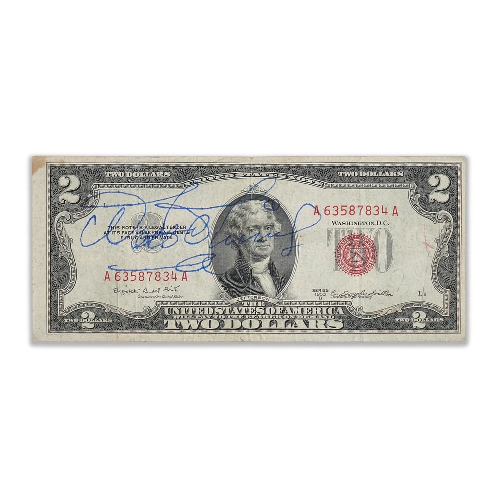 WALT DISNEY SIGNED 1953B TWO DOLLAR NOTE: 6 1/8 x 2 1/2 in (15.5 x 6.5 cm) Provenance and Authentication: According to the Letter of Authenticity (LOA) and Certificate of Authenticity (COA) provided by the consignor, this collectible was